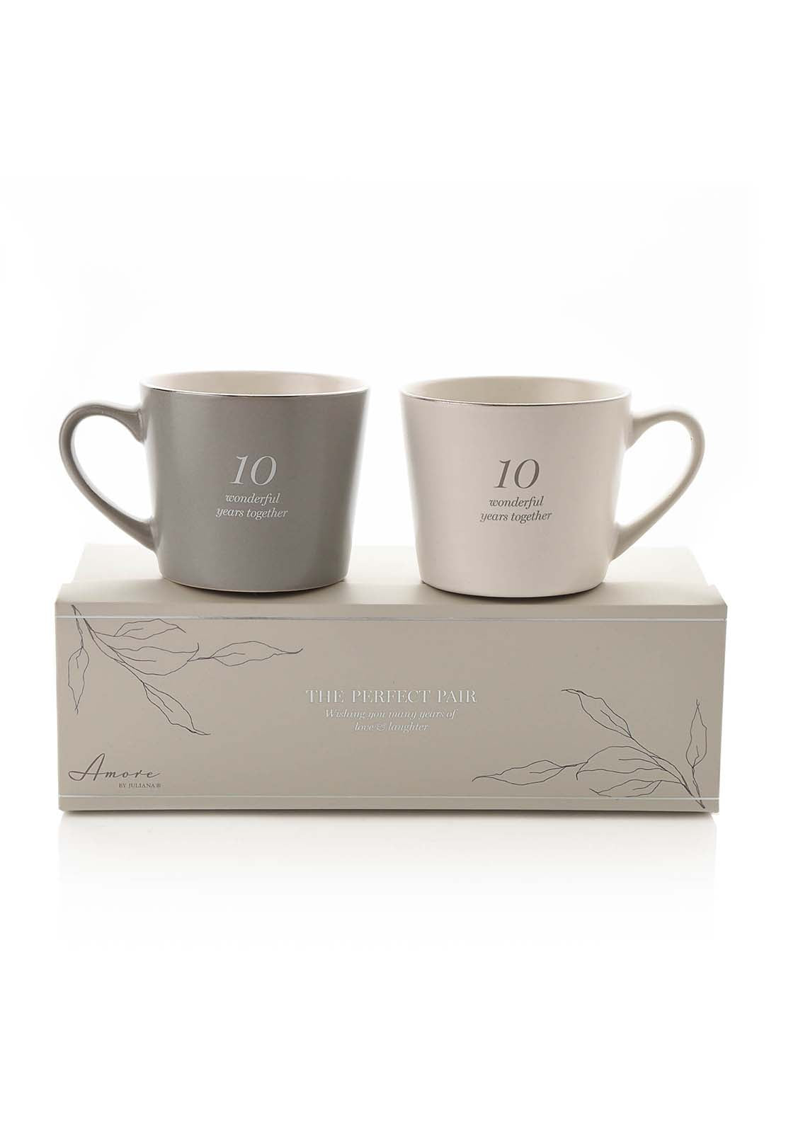 Set Of 2 Grey & White Mugs – 10Th Anniversary