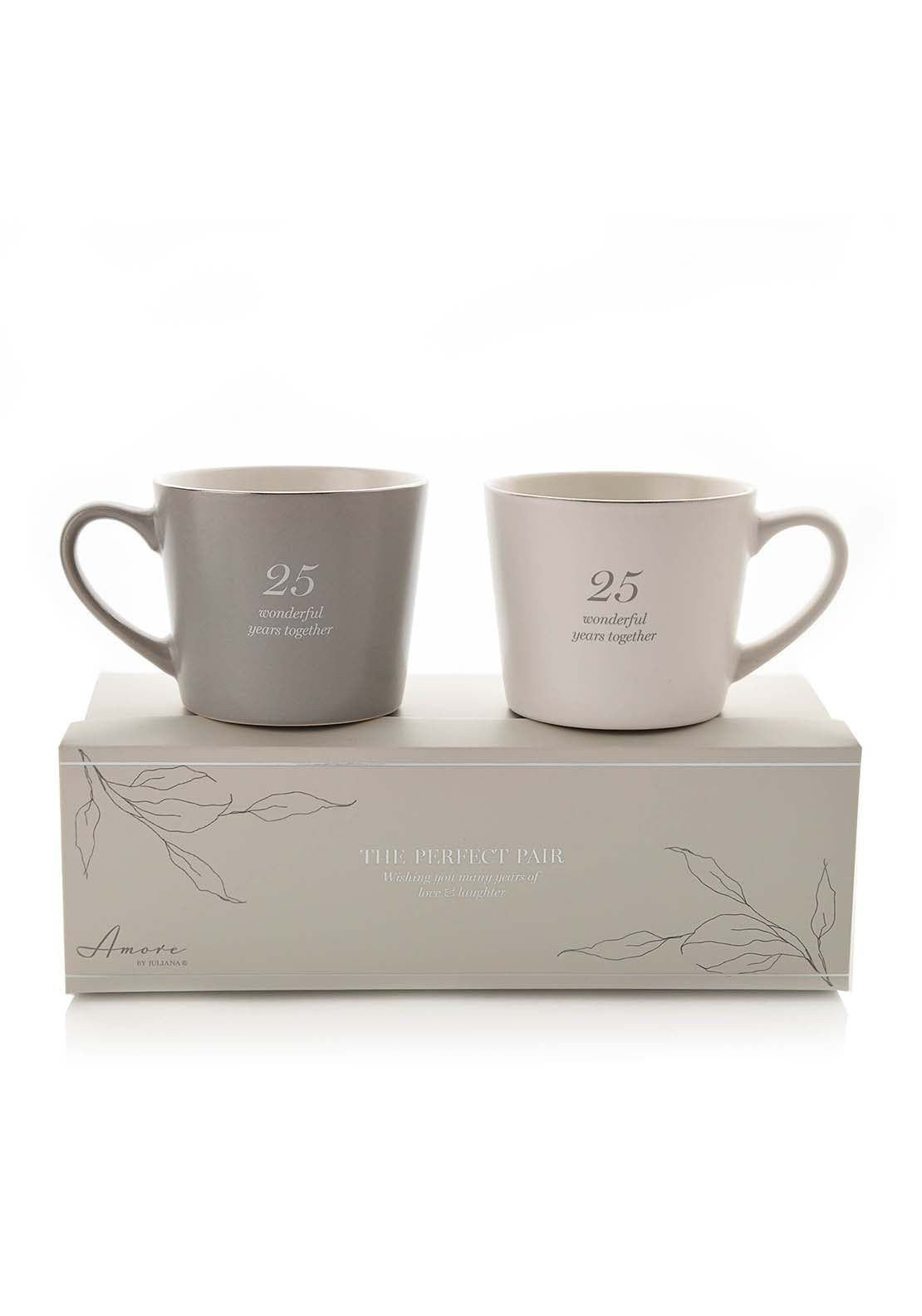 Set Of 2 Grey & White Mugs – 25Th Anniversary