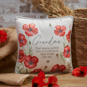 Poppy Grandma Cushion – White Velour With Seedheads