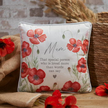 Poppy Mum Cushion – White Velour With Seedheads & Quote