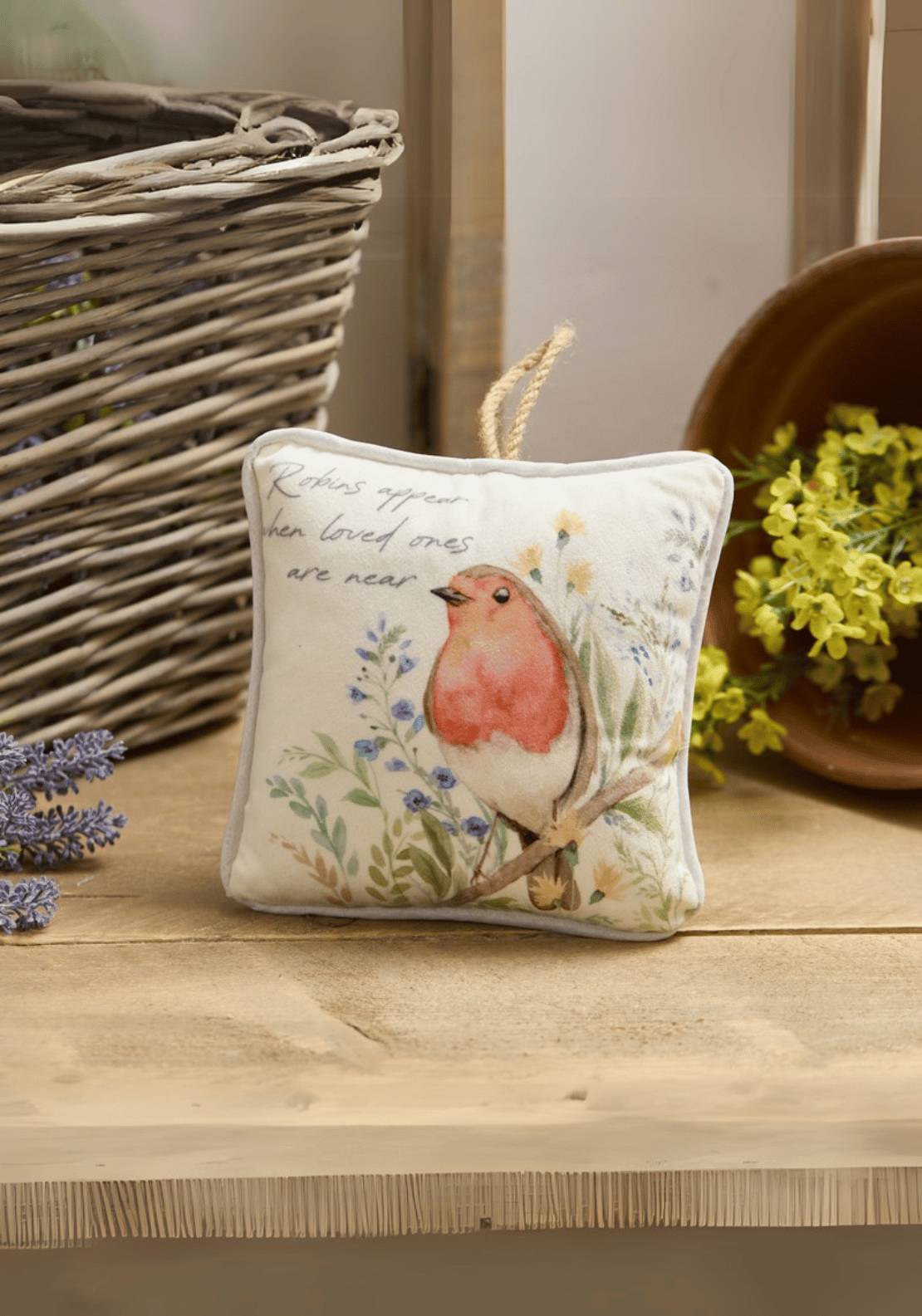 Robin Forget Me Not Hanging Cushion – Watercolour Design