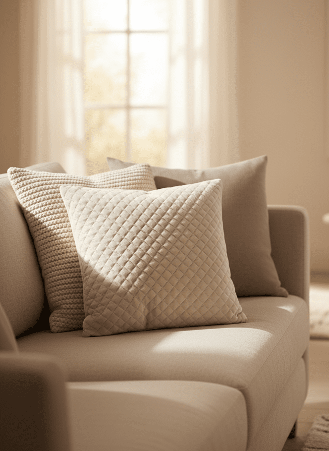 Feather Filled Quilted Velvet Pinsonic Cushion – Beige