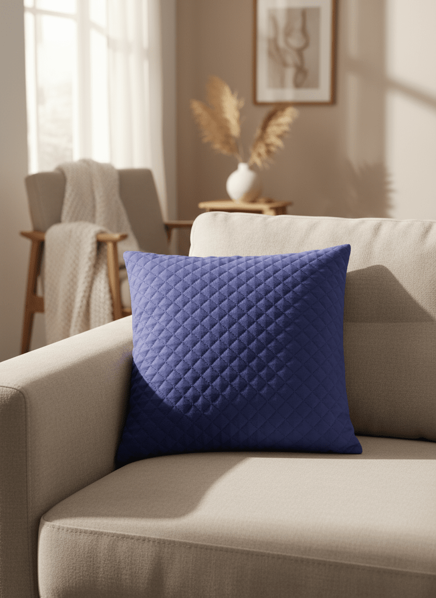 Feather Filled Quilted Velvet Pinsonic Cushion – Blue