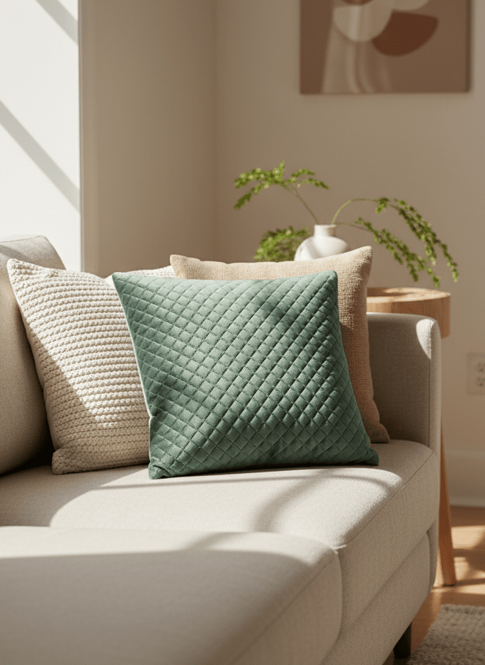 Feather Filled Quilted Velvet Pinsonic Cushion – Green
