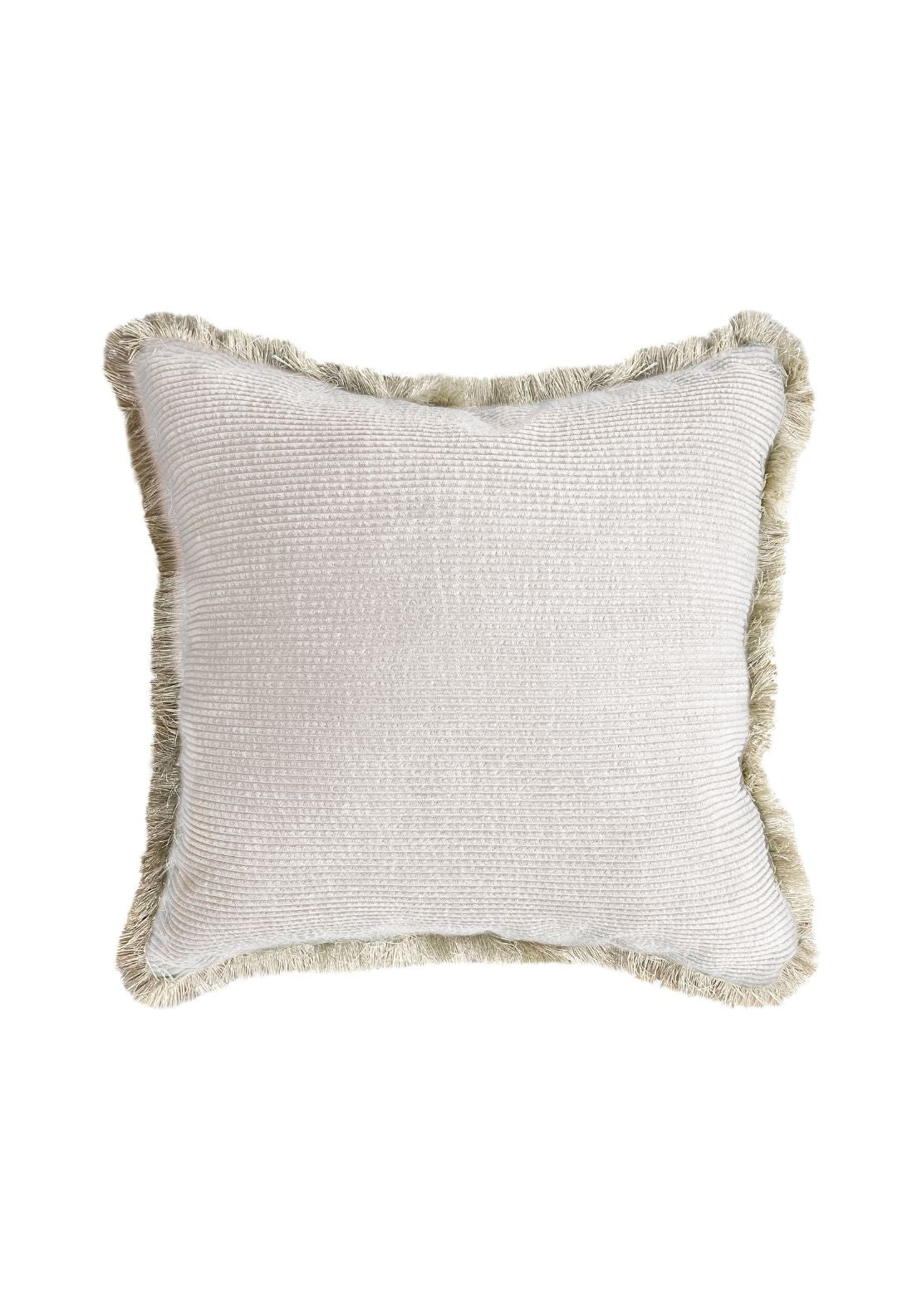 Textured Ribbed Cushion With Fringed Edge – Beige