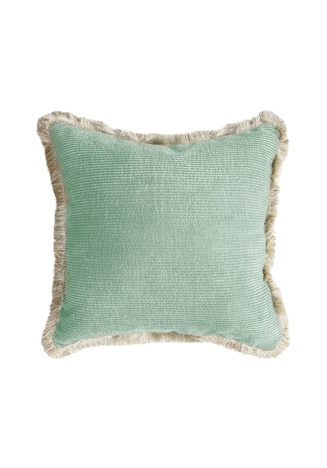 Textured Ribbed Cushion With Fringed Edge – Green