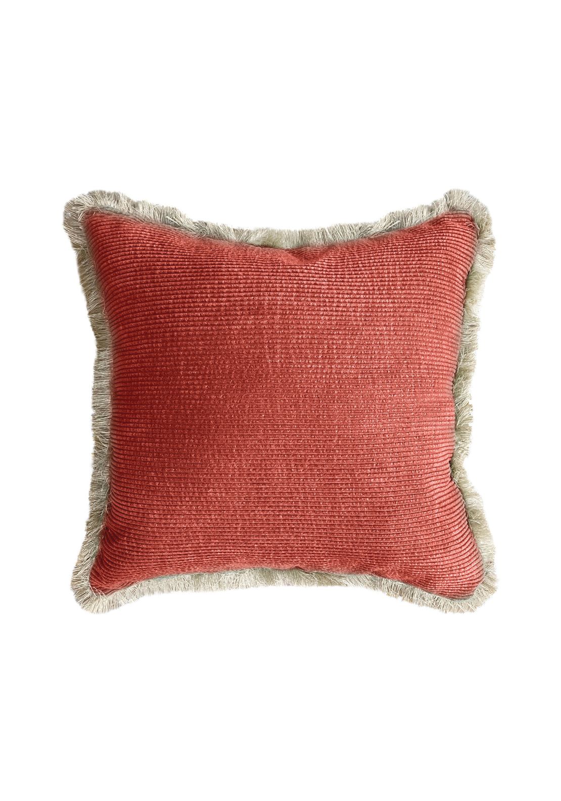 Textured Ribbed Cushion With Fringed Edge – Rust
