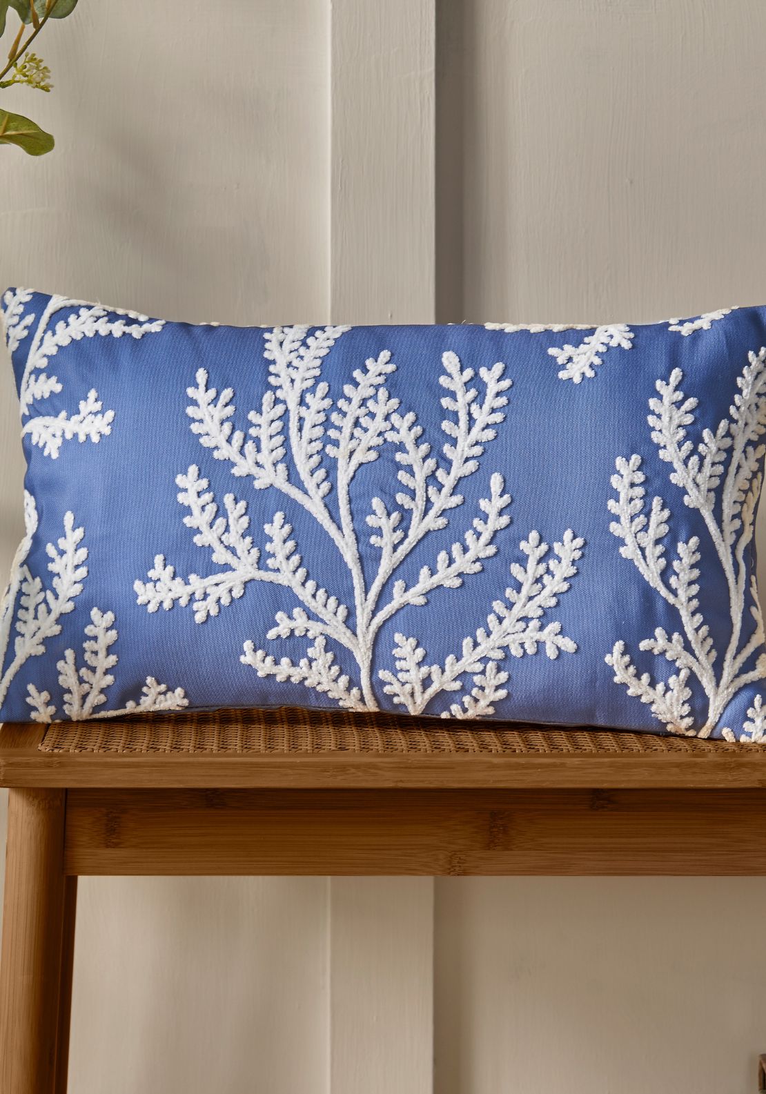 Coral Leaf Embroidered 30cm x 50cm Cushion – Blue