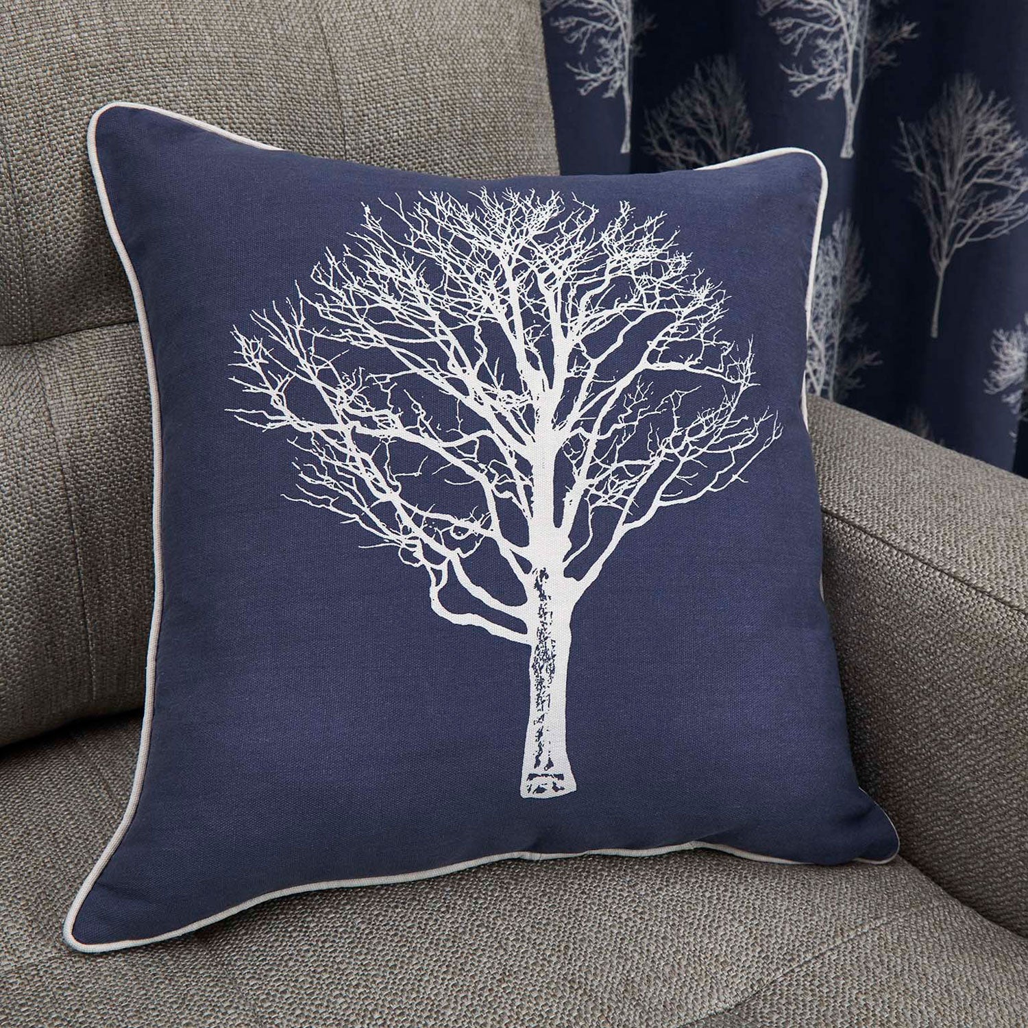 Woodland Trees Filled Cushion – Navy